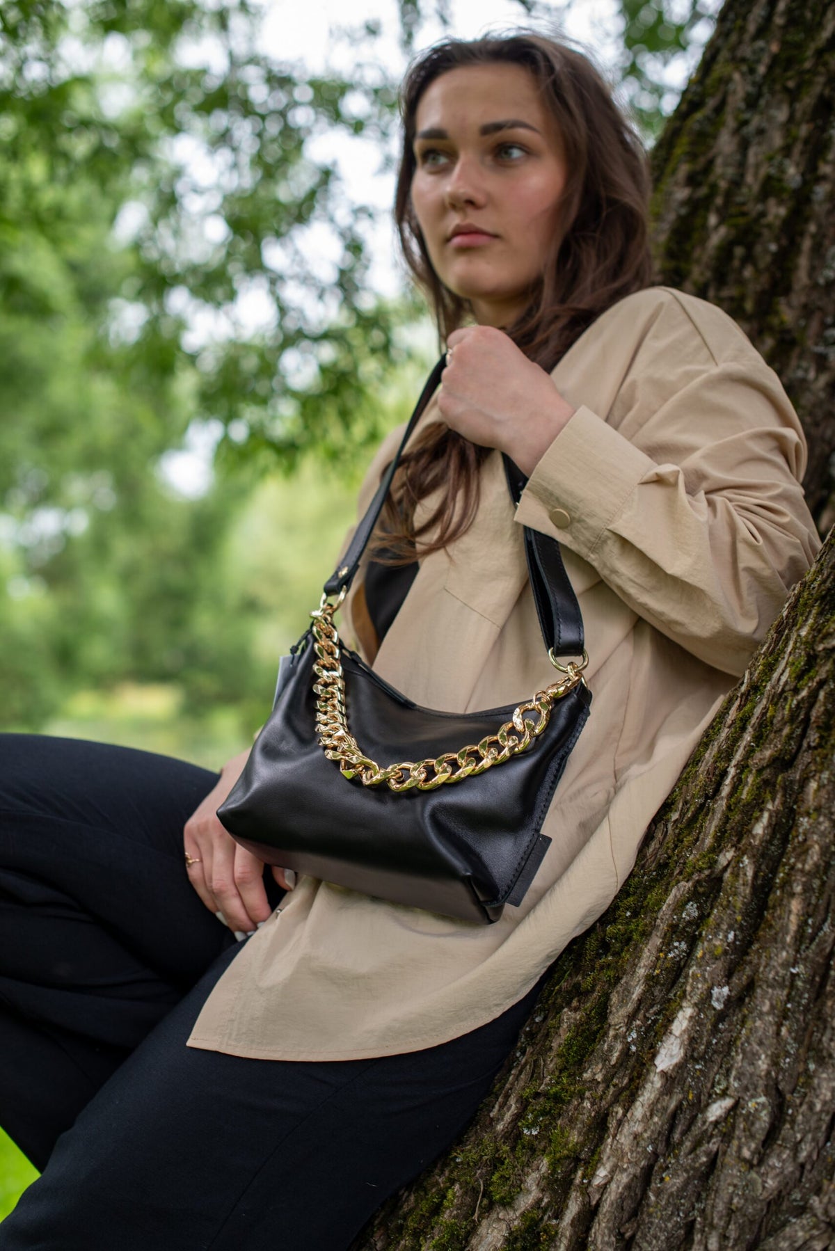 Zelma Kraft small black leather hobo bag with metallic accents — view 11