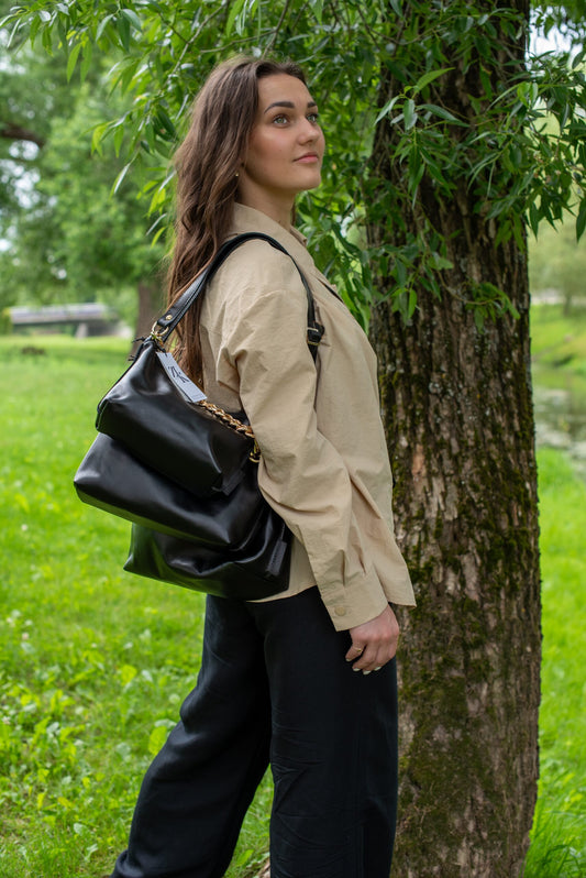 Zelma Kraft large black leather hobo bag with metallic accents — view 2