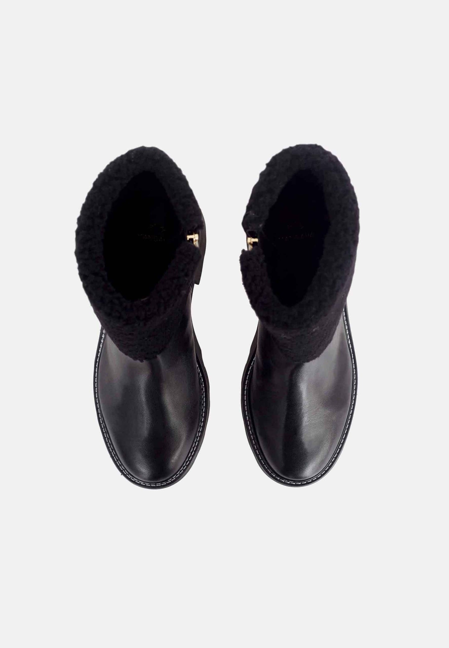 Black Leather Ankle Boots Andira – Women’s Block Heel Boots with Decorative Shearling and Lug Sole