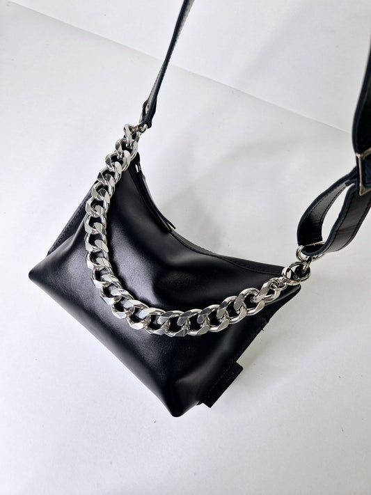 Zelma Kraft small black leather hobo bag with metallic accents