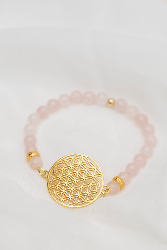 New Vintage by Kriss Flower of Life silver bracelet with rose quartz