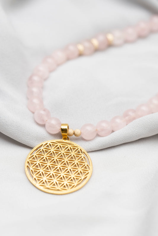 New Vintage by Kriss Flower of Life silver bracelet with rose quartz