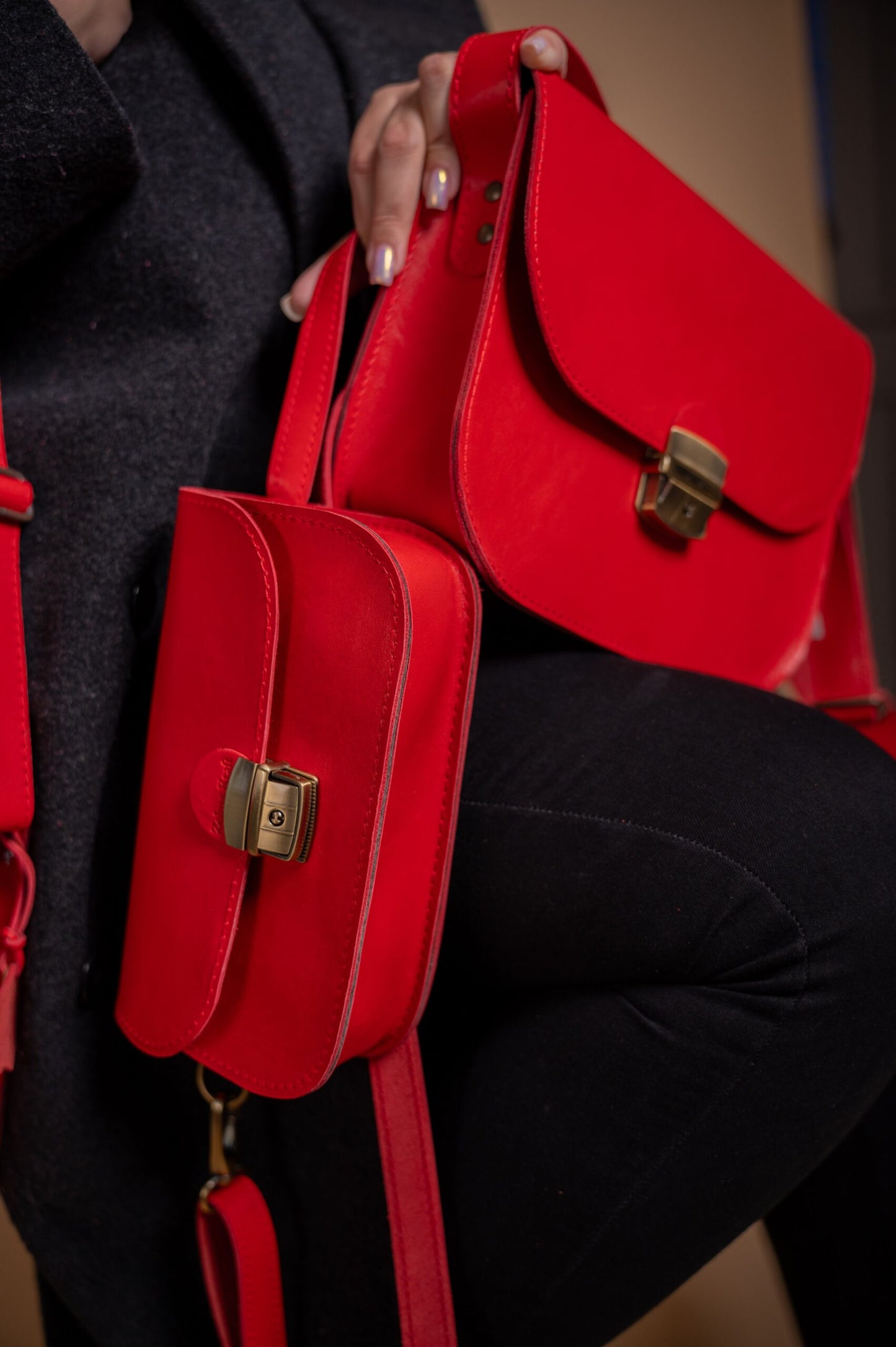 Natural Leather Saddle Bag Mini - Red