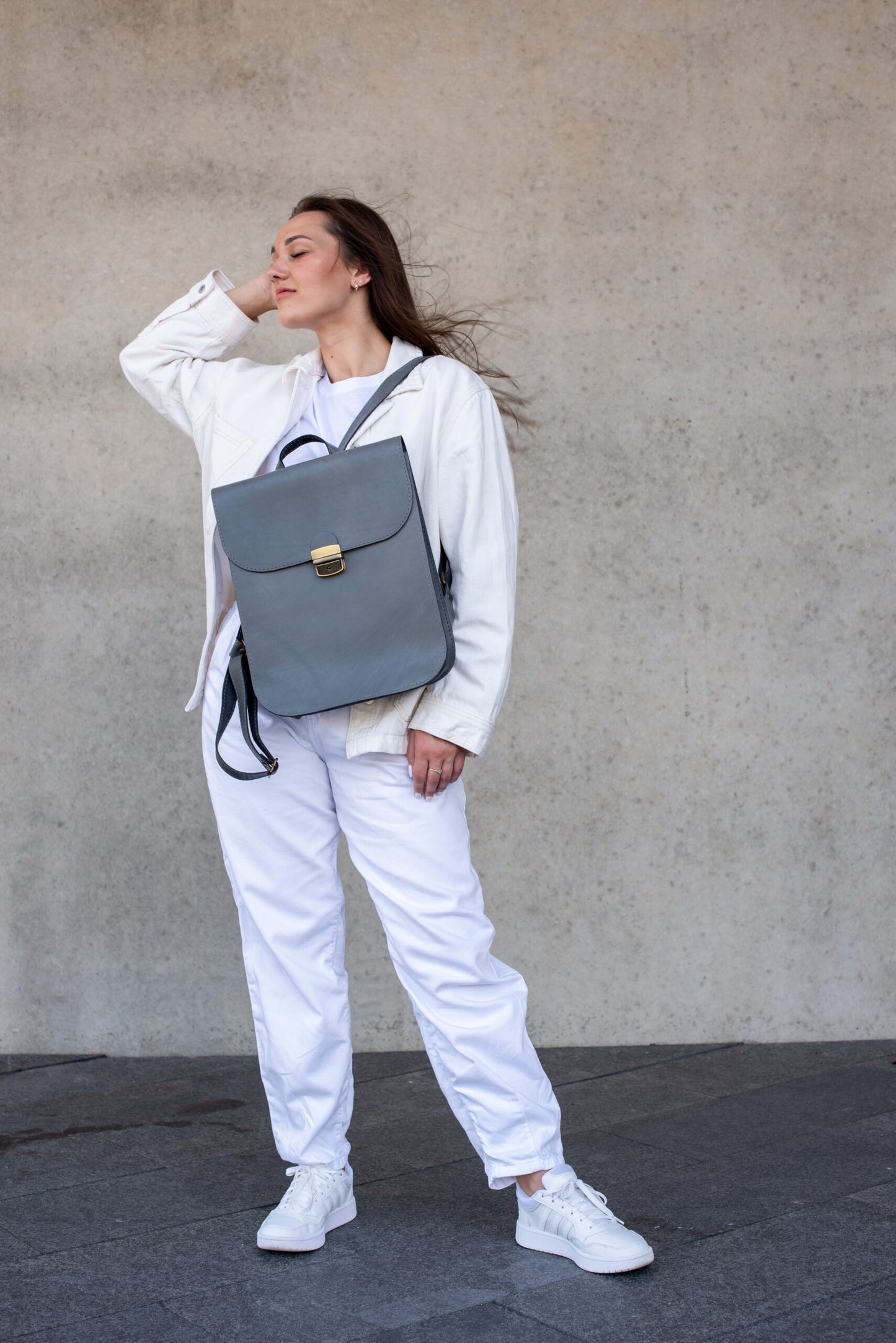 Natural Leather Saddle Backpack - Grey