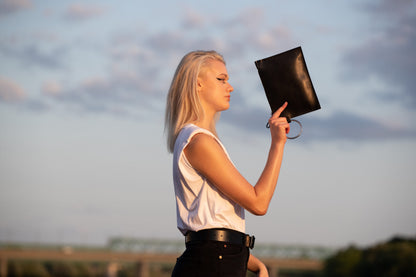 PYKOK Nina black leather clutch with metal ring handle — view 2
