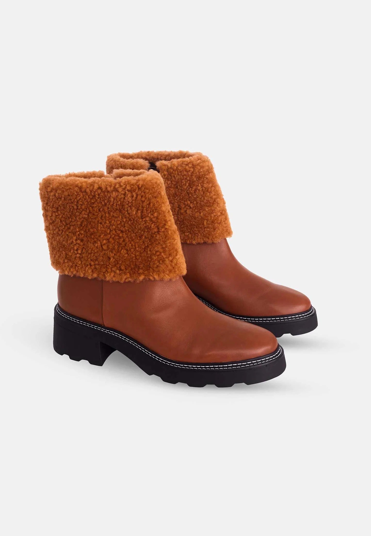 Brown Leather Ankle Boots Andira – Women’s Block Heel Boots with Decorative Shearling and Lug Sole