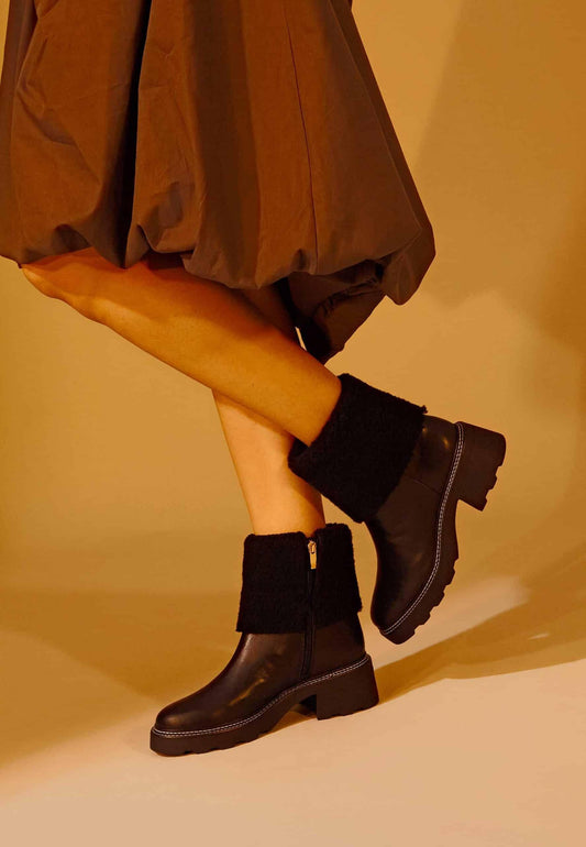 Black Leather Ankle Boots Andira – Women’s Block Heel Boots with Decorative Shearling and Lug Sole