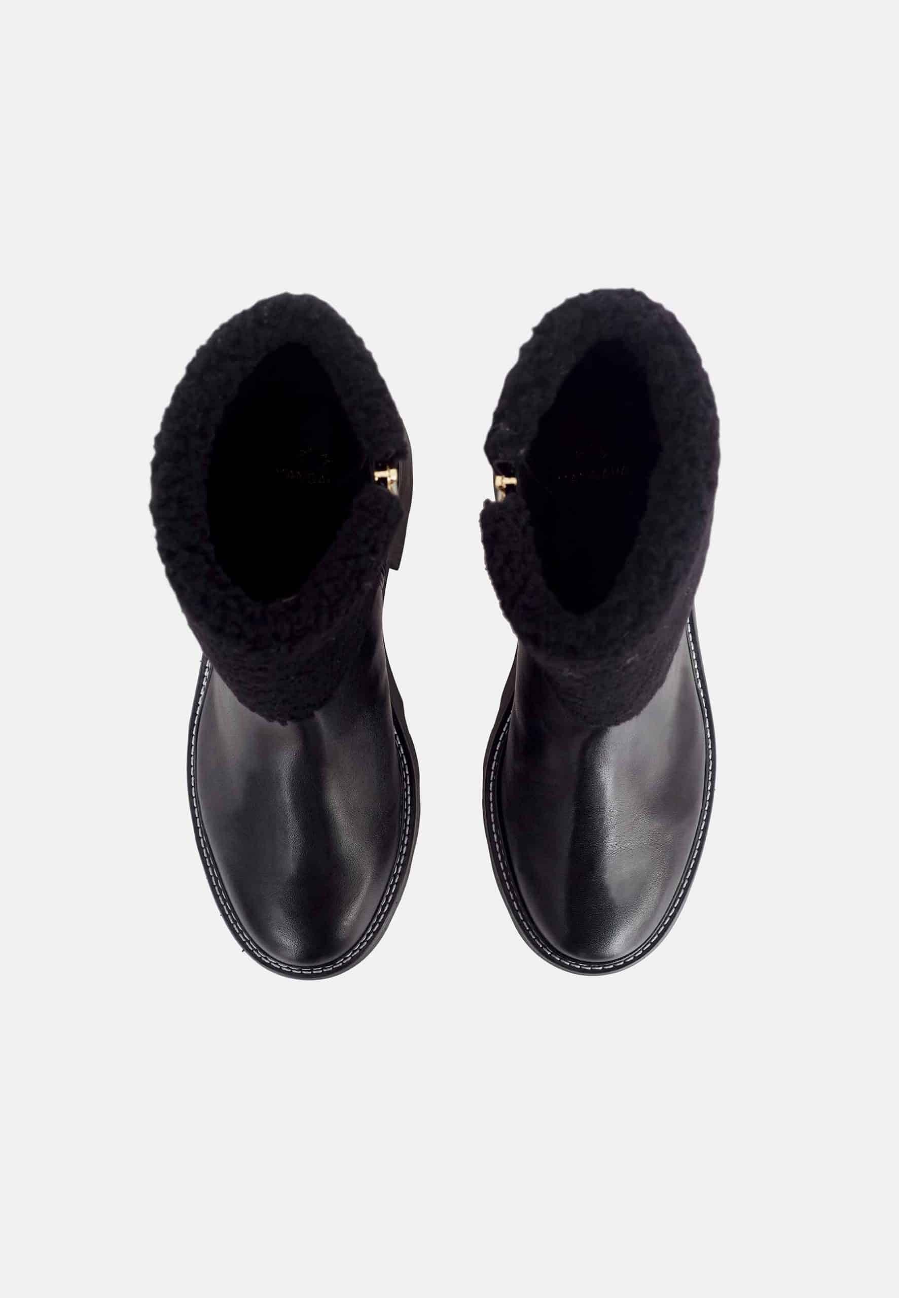 Black Leather Ankle Boots Andira – Women’s Block Heel Boots with Decorative Shearling and Lug Sole