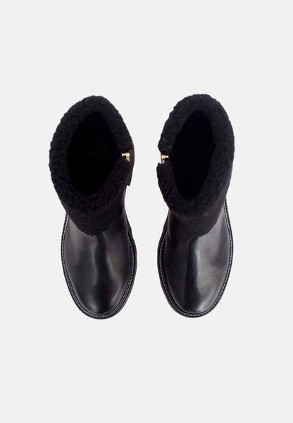 Black Leather Ankle Boots Andira – Women’s Block Heel Boots with Decorative Shearling and Lug Sole