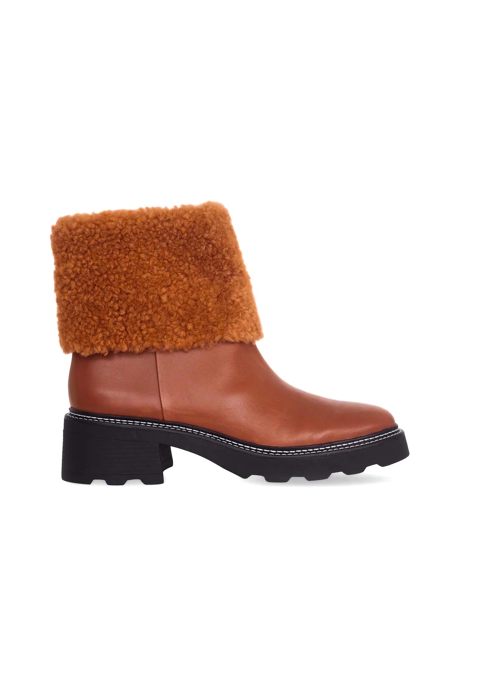 Brown Leather Ankle Boots Andira – Women’s Block Heel Boots with Decorative Shearling and Lug Sole