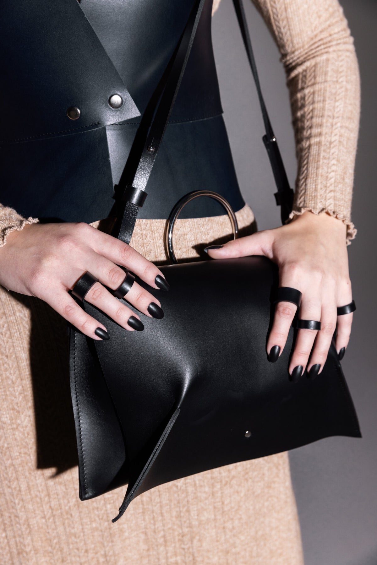 PYKOK Kamila natural leather handbag in black — view 2